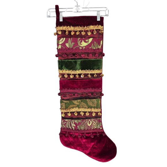 Luxurious Red & Green Velvet Christmas Stocking Multiple Pockets 33" Tall - Picture 1 of 8